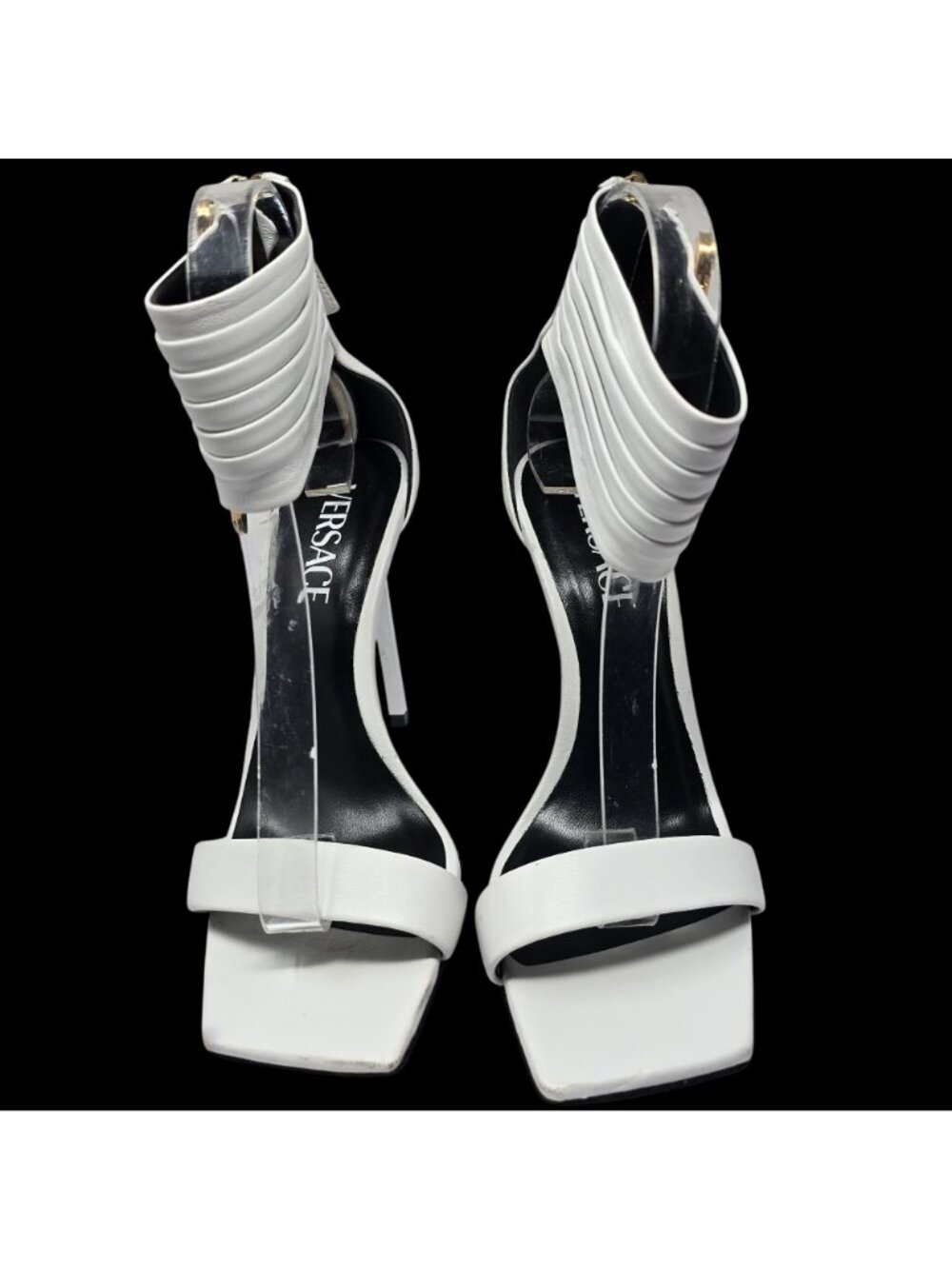 Versace White Leather High Heels With Gold Medusa Charm Details - Size 37.5 - Picture 3 of 12